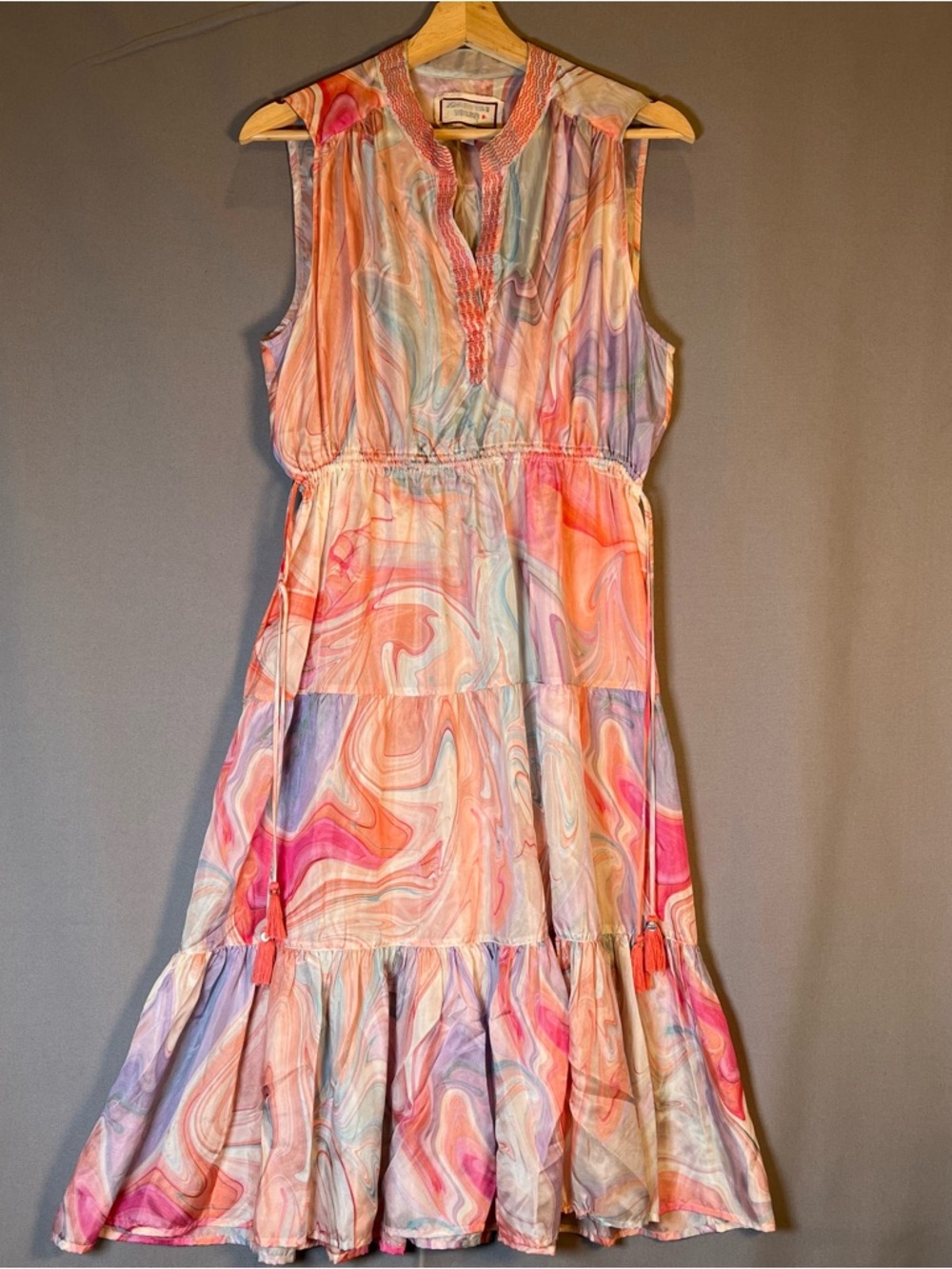 Johnny Was Workshop Sleeveless Silk Watercolor Midi Drawstring Embroidery